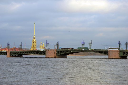 View of Dvortsovy bridge over the Neva river