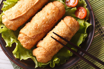 spring rolls fried on lettuce with tomatoes horizontal top view