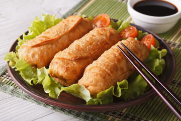 spring rolls fried on a plate close-up and sauce. horizontal