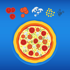 Italian pizza and the ingredients for the pizza