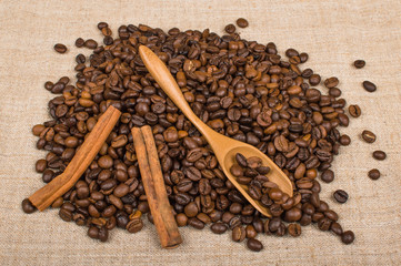coffee in the form of heart on a wooden background
