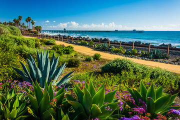 Colorful flowers and view of the fishing pier at Linda Lane Park