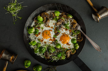 Vegetable omelet with bulls eye egg and sprouts