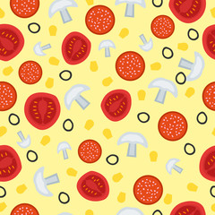 Seamless pattern with tomato, salami and mushrooms