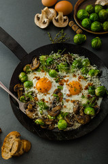 Vegetable omelet with bulls eye egg and sprouts