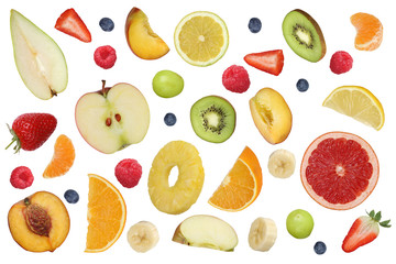 Collage fliegende Früchte wie Orange Frucht, Apfel, Banane und