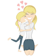 A cute blonde girl hugs her blonde mother with love.