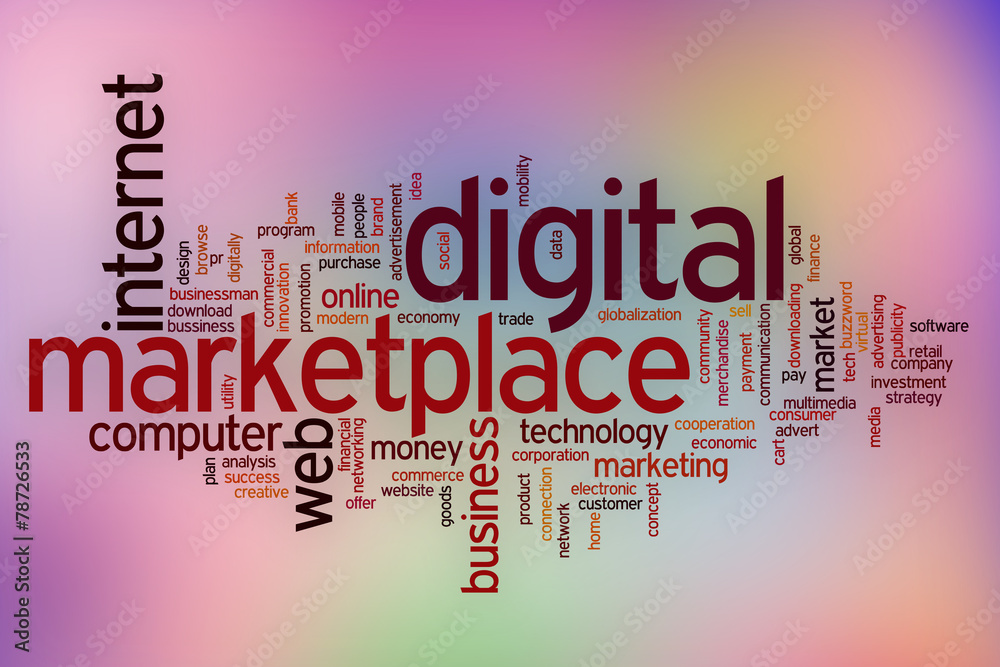 Wall mural digital marketplace word cloud with abstract background