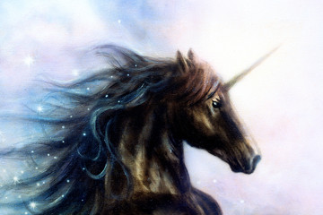 Horse, black unicorn in space, illustration abstract color backg © jozefklopacka