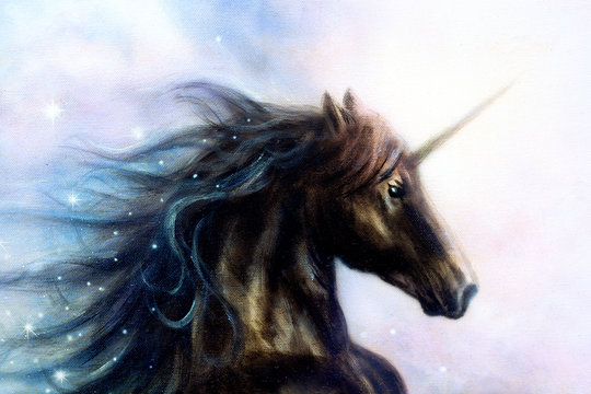 Horse, black unicorn in space, illustration abstract color backg