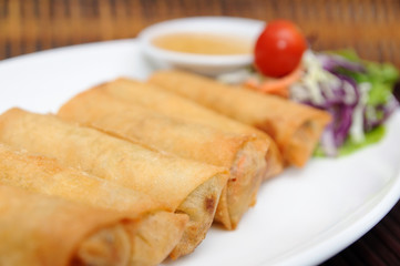 Fried spring rolls on white plate.