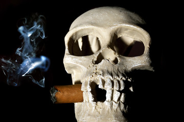 Smoking human scull with cigar in his mouth
