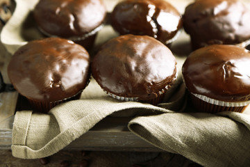 Tasty homemade chocolate muffins, close up