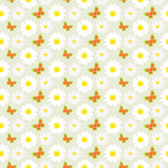 White daisies and butterflies seamless pattern.