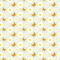 White daisies and butterflies seamless pattern.