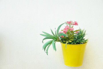 Yellow plant pot with flower hanging on wall
