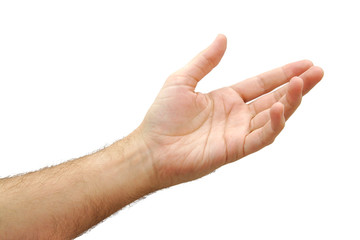 Man hand open and ready to help or receive. Gesture isolated on