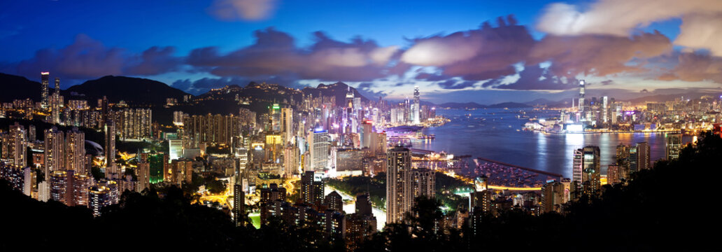 High resolution panoramic view of Hong Kong at night