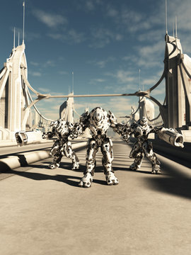 Scifi Illustration of Alien Battle Robots Defending a Bridge