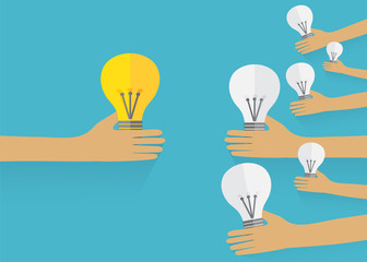 Teamwork management concept.  Hand keep bulb. Vector background.
