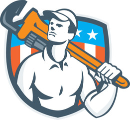 Plumber Holding Wrench USA Flag Retro