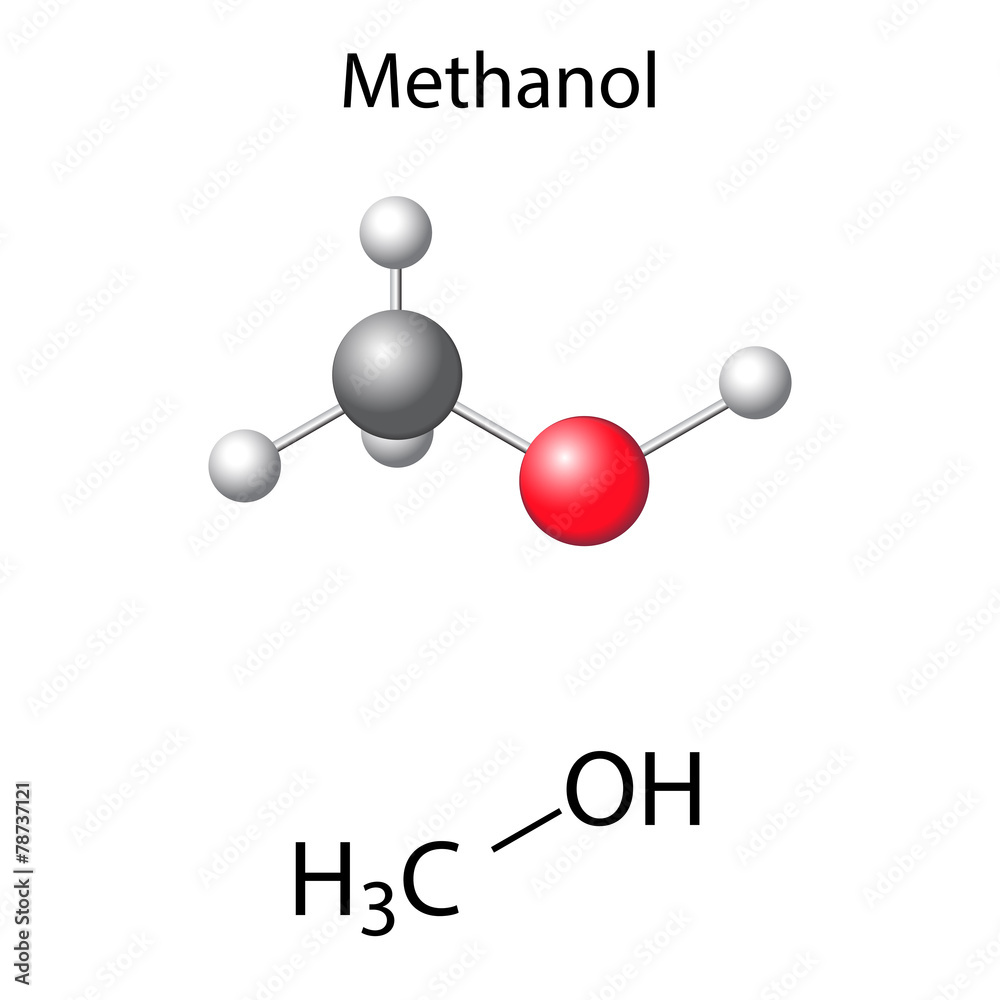 Sticker structural chemical formula and model of methanol molecule