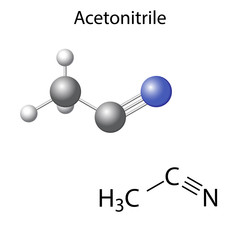 Structural chemical formula and model of acetonitrile molecule