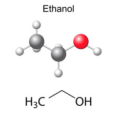 Structural chemical formula and model of ethanol molecule - obrazy, fototapety, plakaty