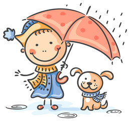 Girl and her puppy under the umbrella