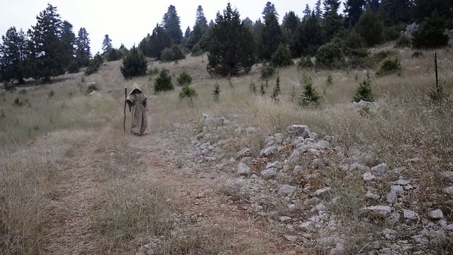 The Monk.The monk are walking in the path.