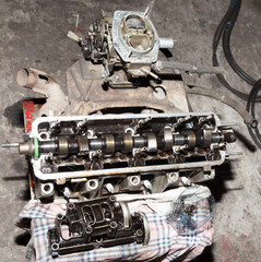 Car engine parts in the repair shop