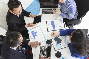 Blue, office, meeting, four people