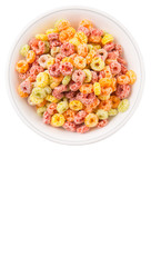Colorful fruit flavored loops shaped cereal in a white bowl