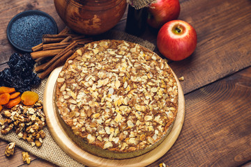 Homemade pie with poppy seeds and almond flakes