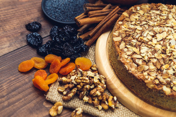 Homemade pie with poppy seeds and almond flakes