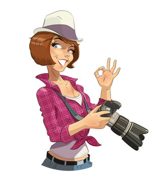 Photographer girl with camera. Eps10 vector illustration.