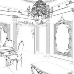 Sketch of classic dining area with vintage carved furniture