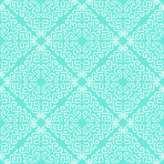 White curly graphic pattern on blue background