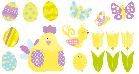 easter set with hen, chicken and eggs- vectors