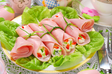 ham rolls stuffed with cheese and vegetables