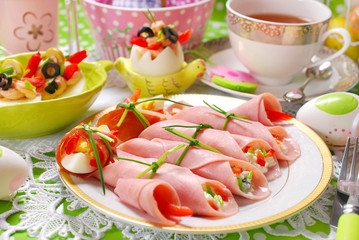 ham rolls stuffed with cheese and vegetables for easter breakfas