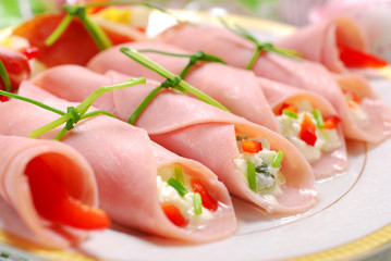 ham rolls stuffed with cheese and vegetables
