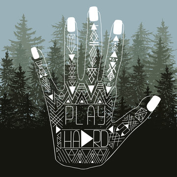 Illustration of human hand with Aztec pattern on fir card