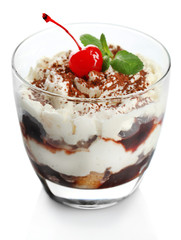 Tasty tiramisu dessert in glass, isolated on white