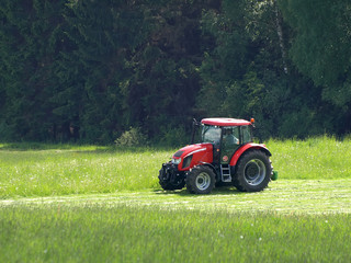 A red tractor mows grass in a meadow. Spring or summer. The photo is slightly sun-kissed with vivid lighting. A dark forest is in the background.