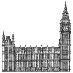 England, London. Big Ben on a white background. sketch