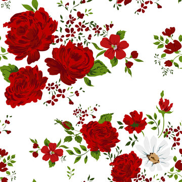 Seamless pattern with red roses. Vector illustration.