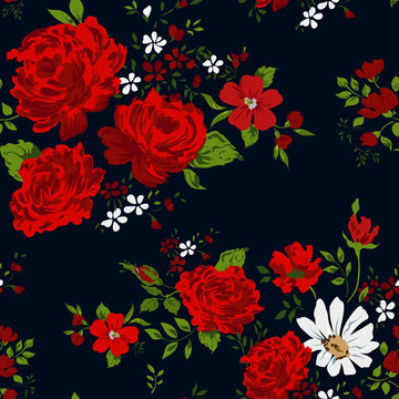 Seamless floral pattern with of red roses on black background.