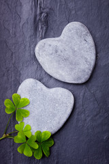 Fototapeta premium Two grey heart shaped rocks with shamrocks on a tile background