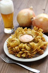 homemade blooming onion and beer, american food